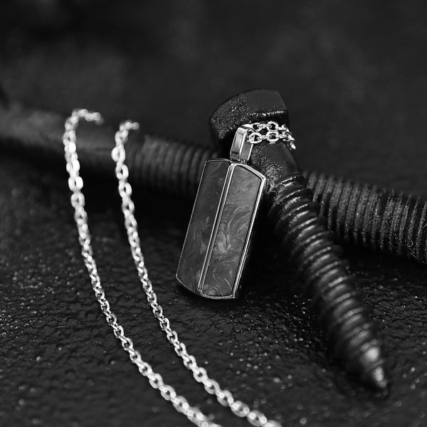 Sleek Carbon Fiber Tag Necklace - Silver x Black