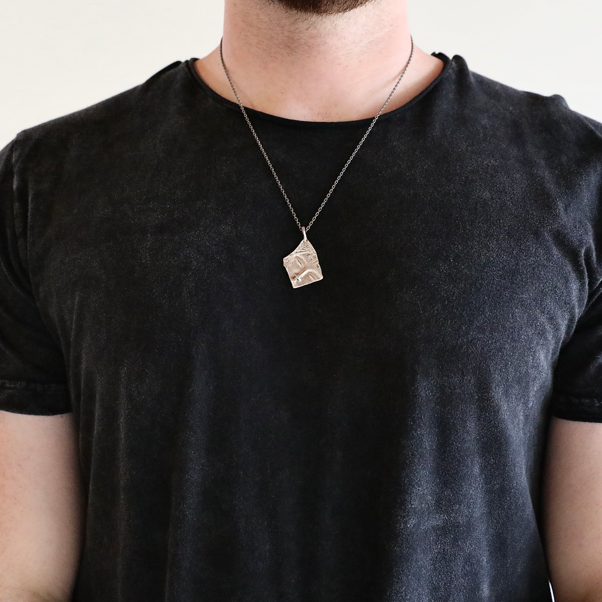 Roman Face Medallion Necklace - Matte Silver