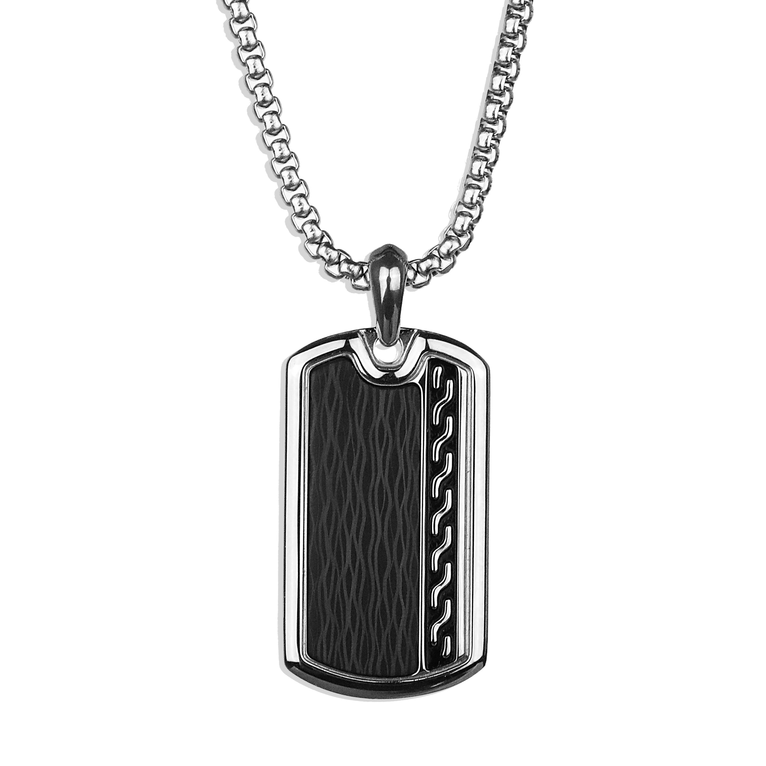 Carbon Wave Tag Necklace - Silver x Black