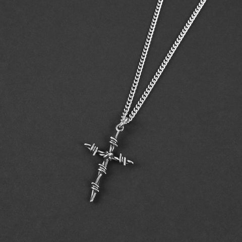 Barbed Wire Cross Necklace - Silver