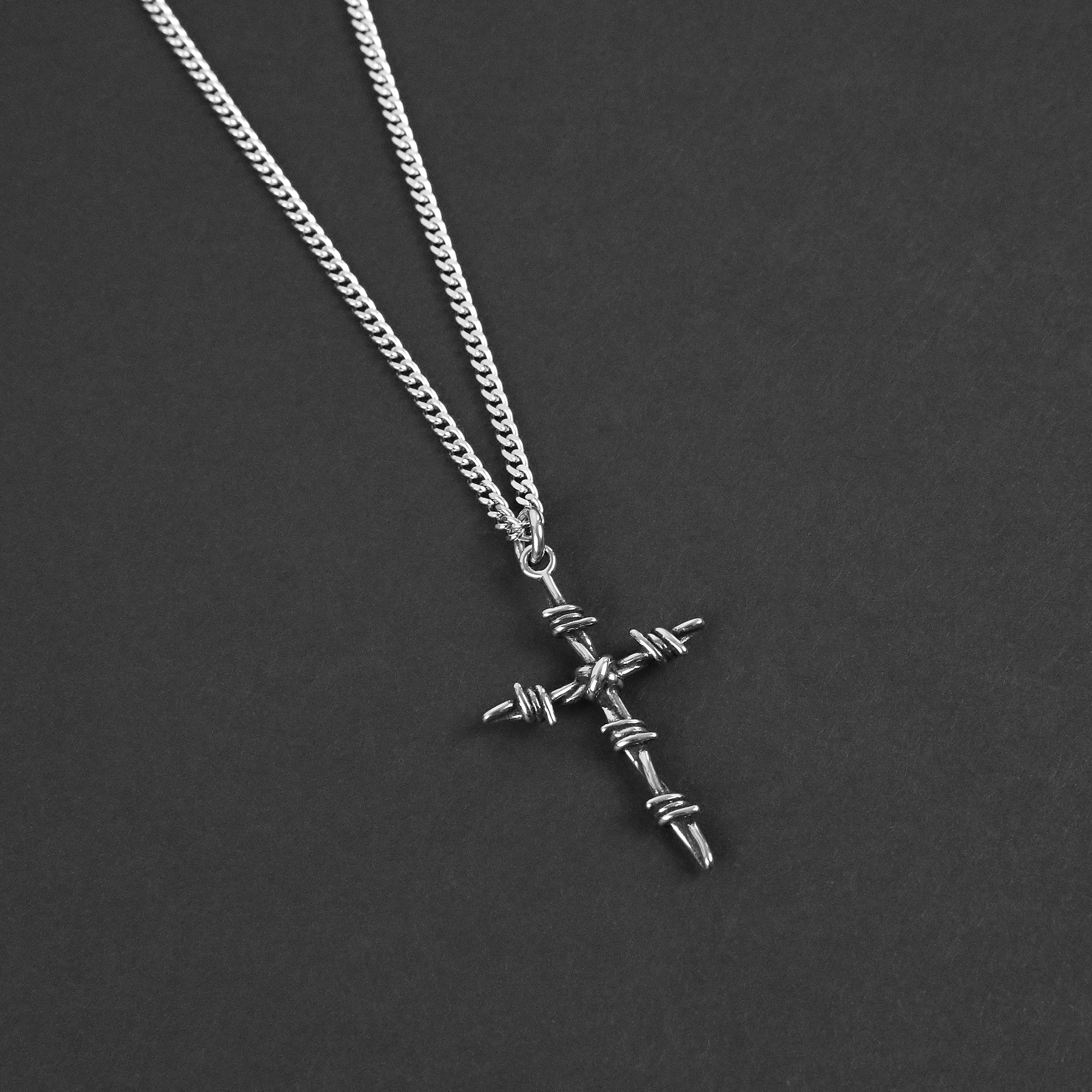 Barbed Wire Cross Necklace - Silver