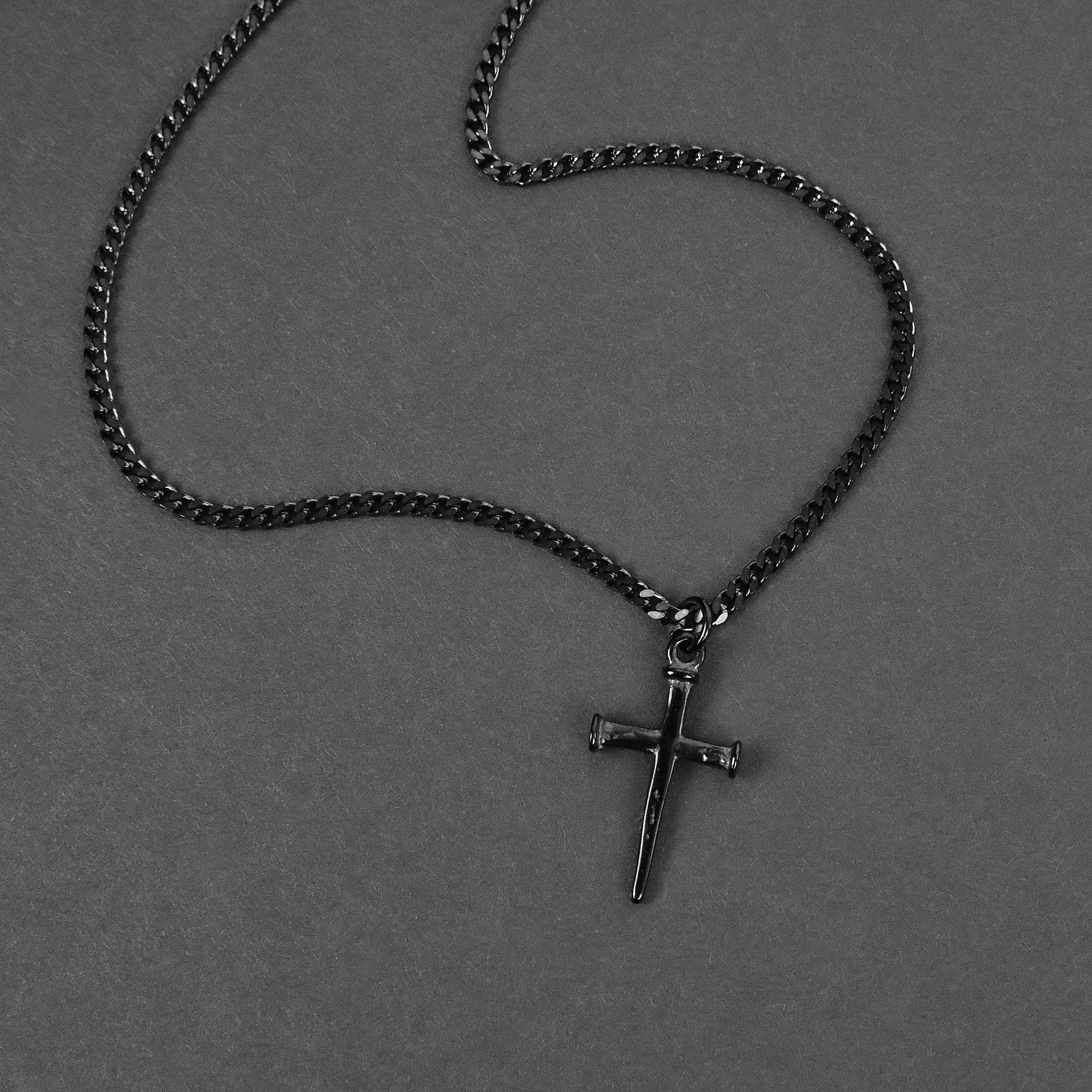 Minimal Nail Cross Necklace - Black