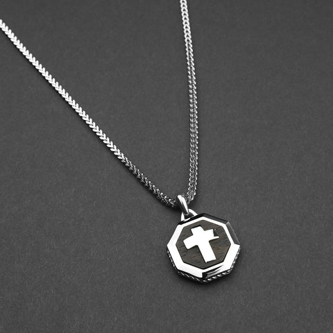 Ebony Wood Brim Cross Necklace - Silver