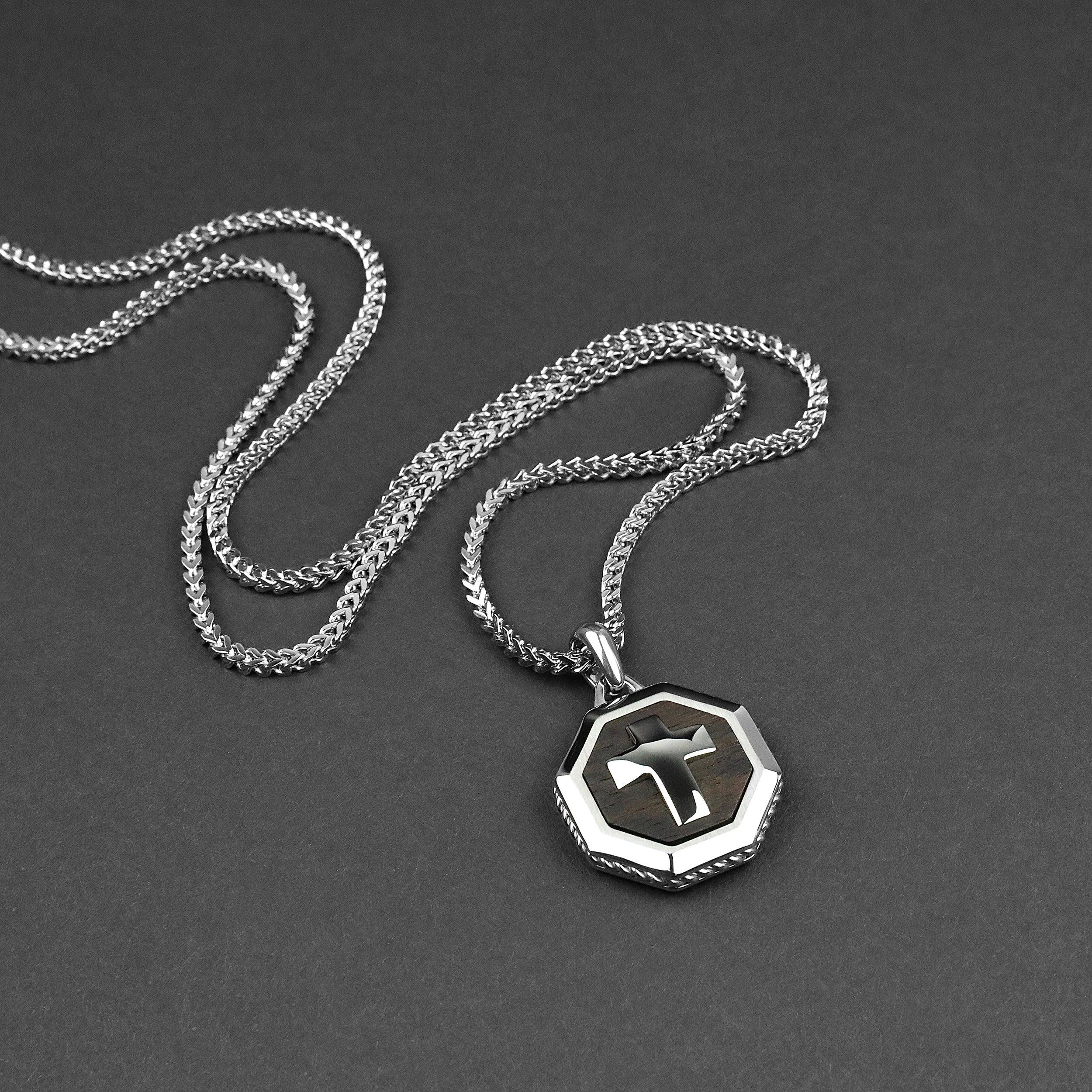 Ebony Wood Brim Cross Necklace - Silver