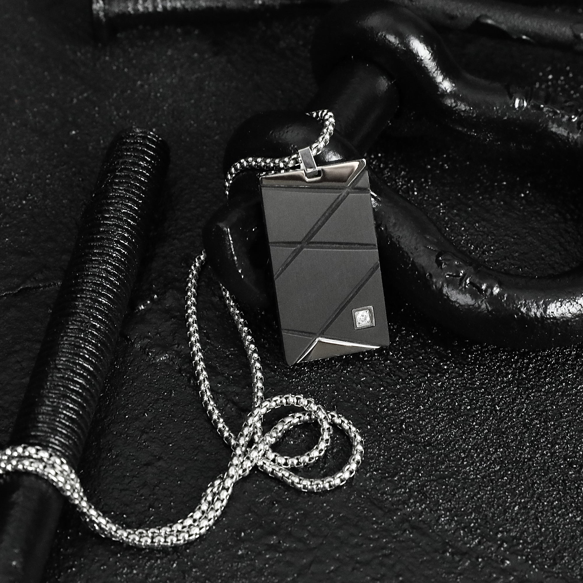 Large Carbon Fiber Tag Necklace - Silver x Black