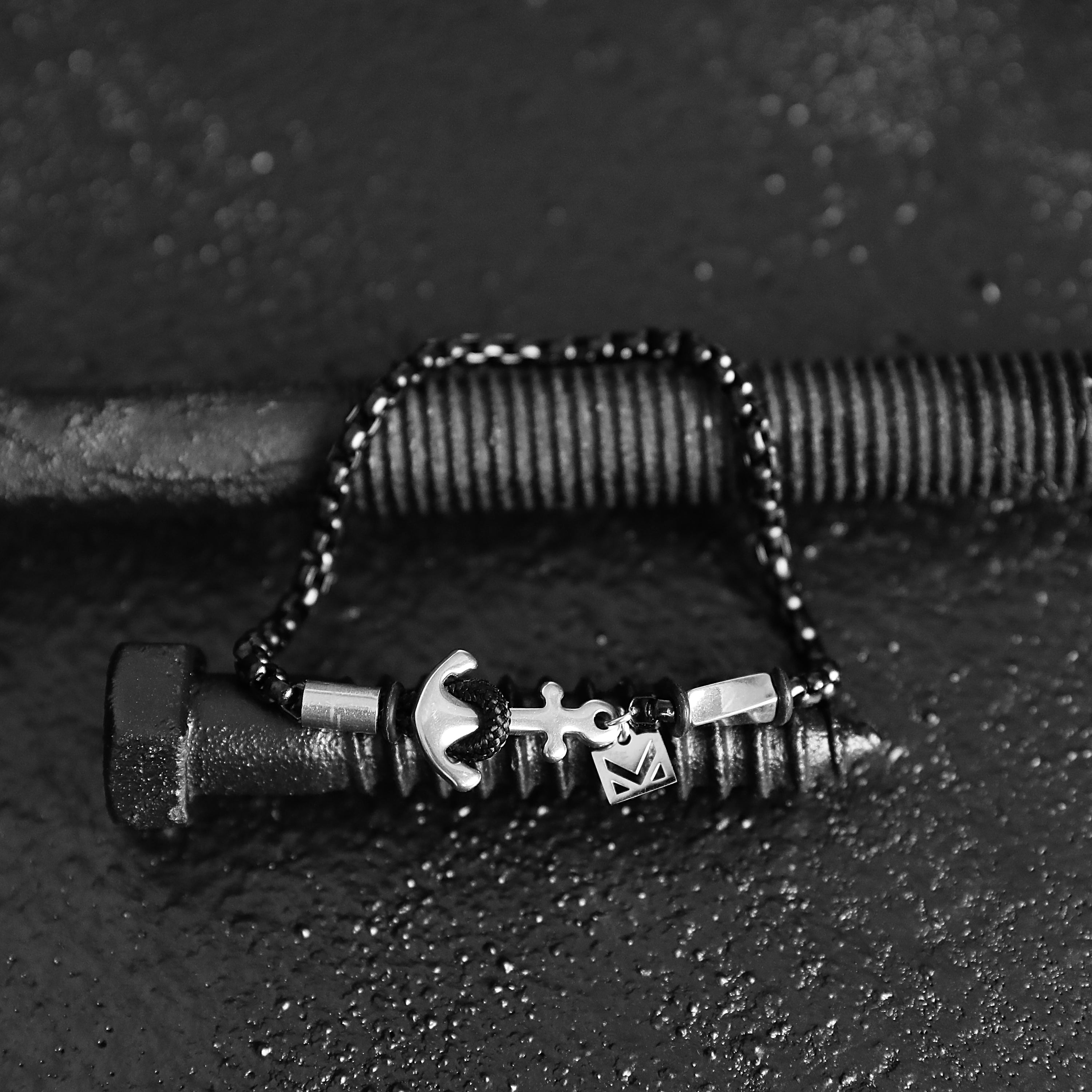 Anchor Box Chain Bracelet - Black x Silver 4mm