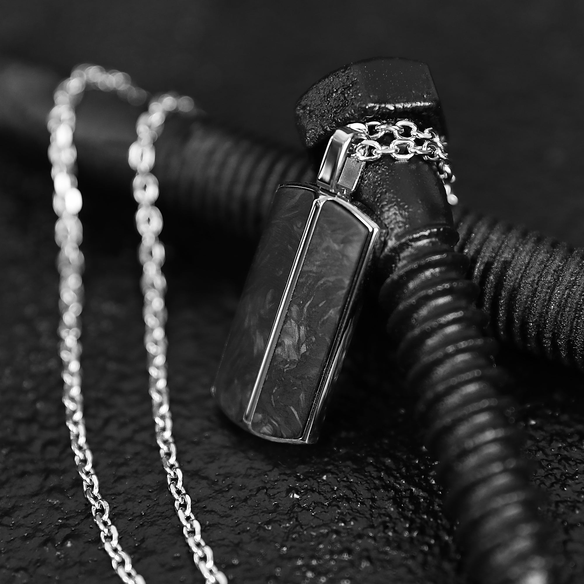 Sleek Carbon Fiber Tag Necklace - Silver x Black