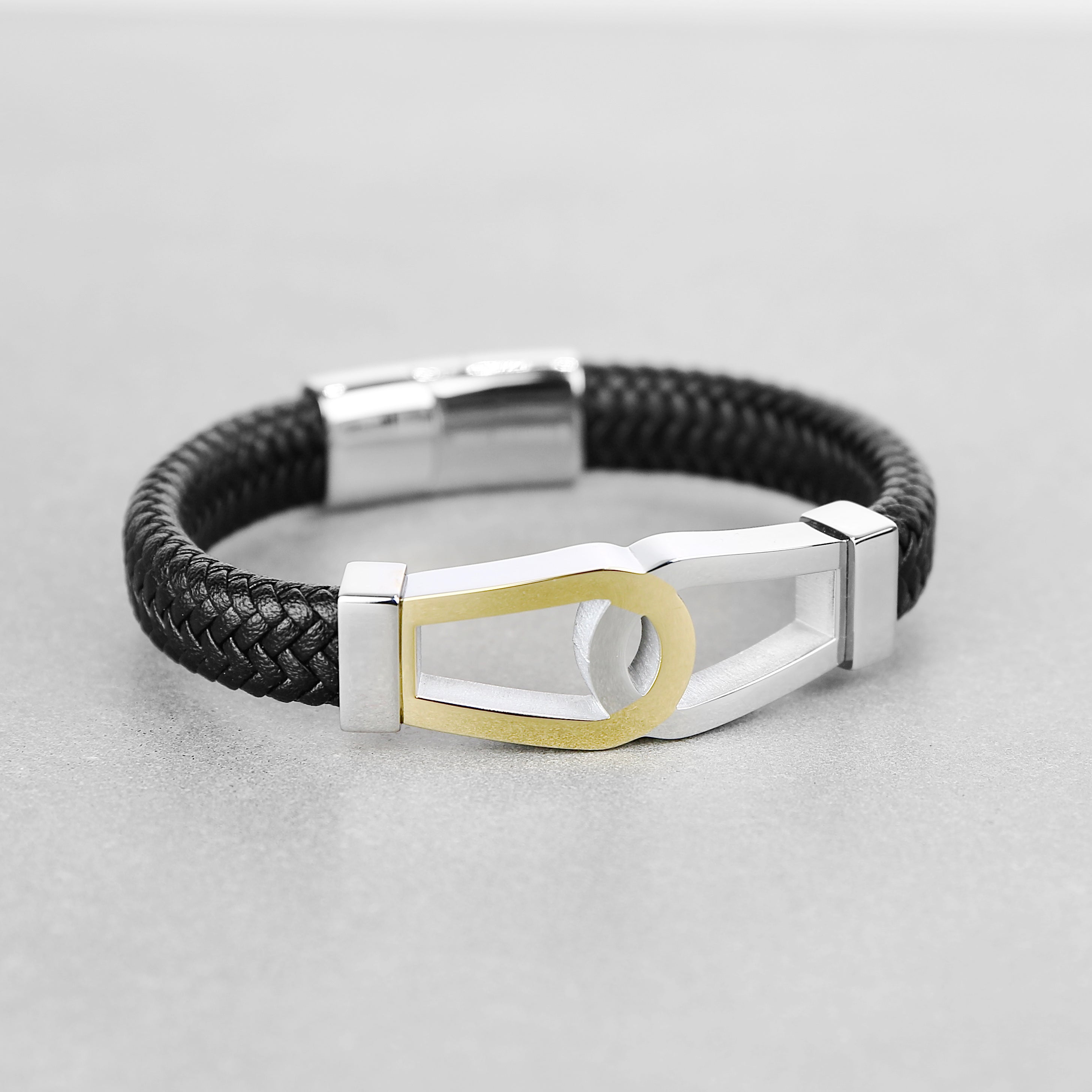 Loop Connection Black Leather Bracelet - Silver x Gold