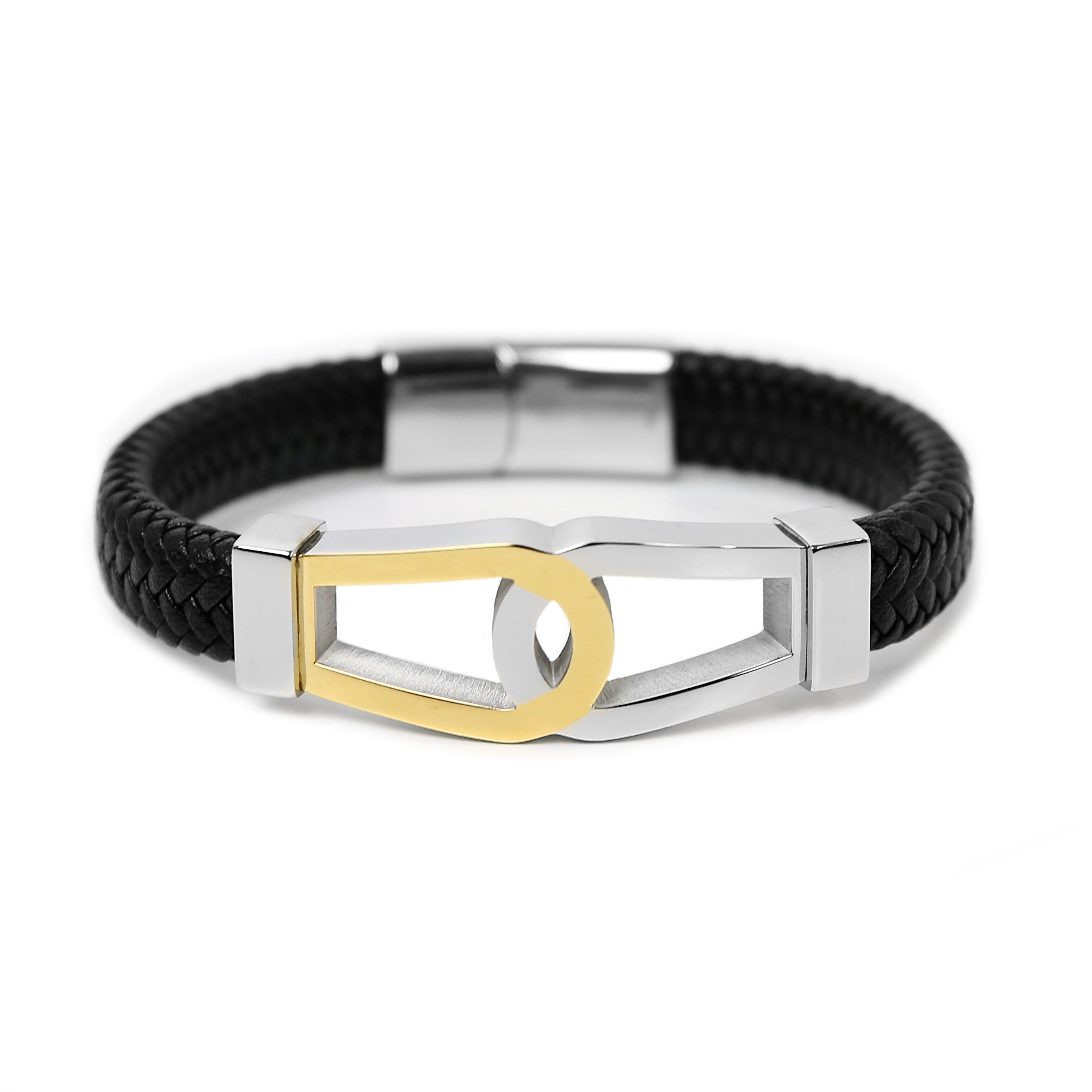 Loop Connection Black Leather Bracelet - Silver x Gold