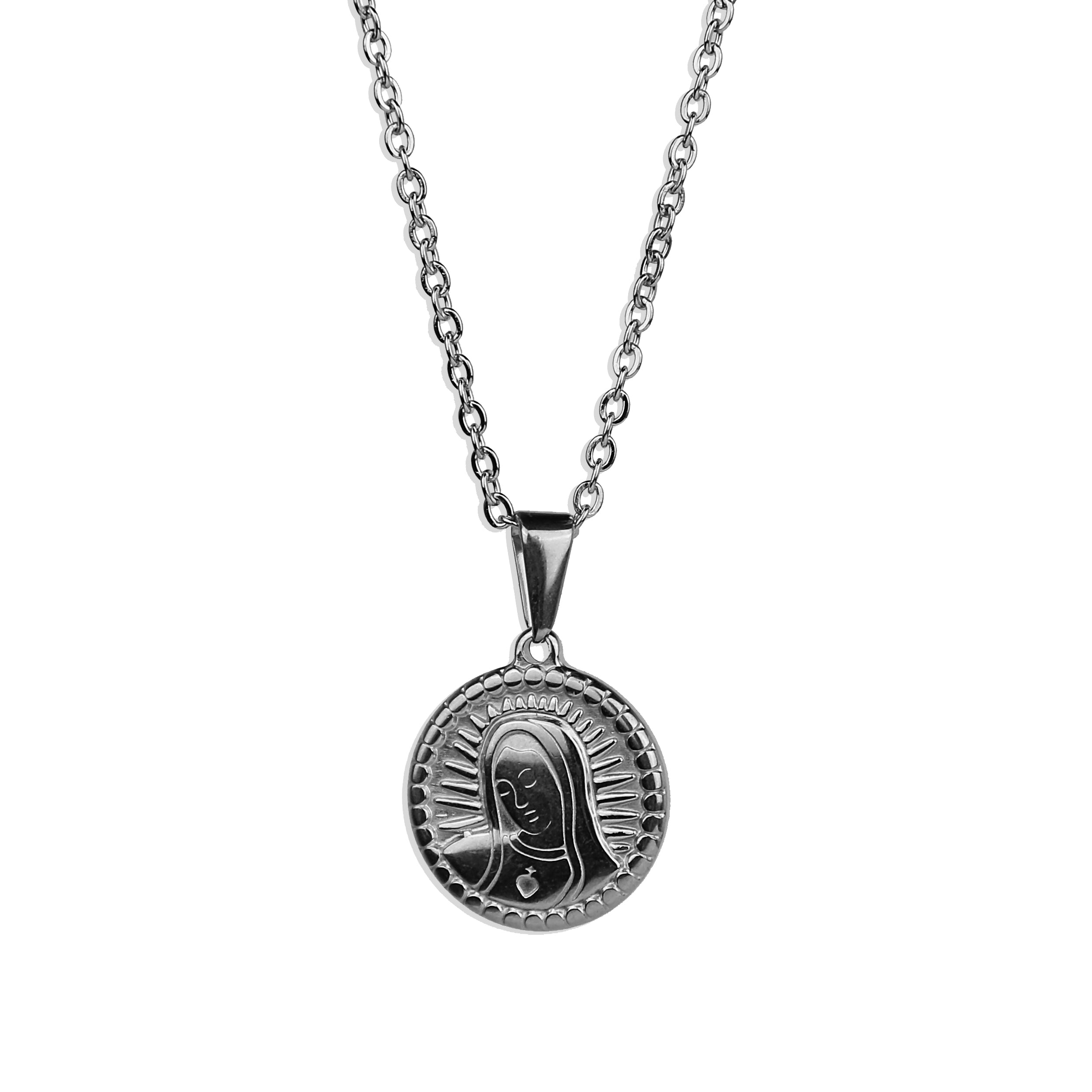 Virgin Mary Disc Necklace - Silver