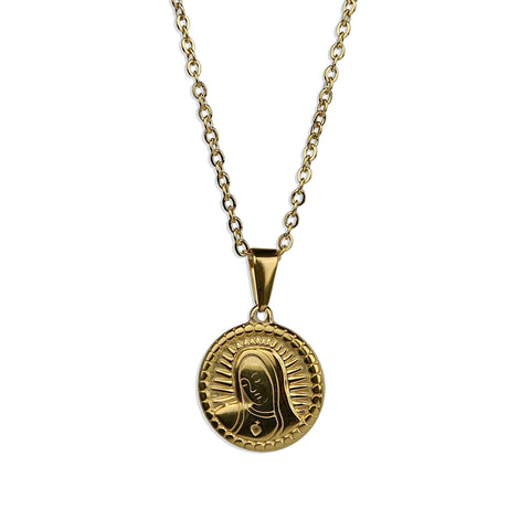 Virgin Mary Disc Necklace - Gold