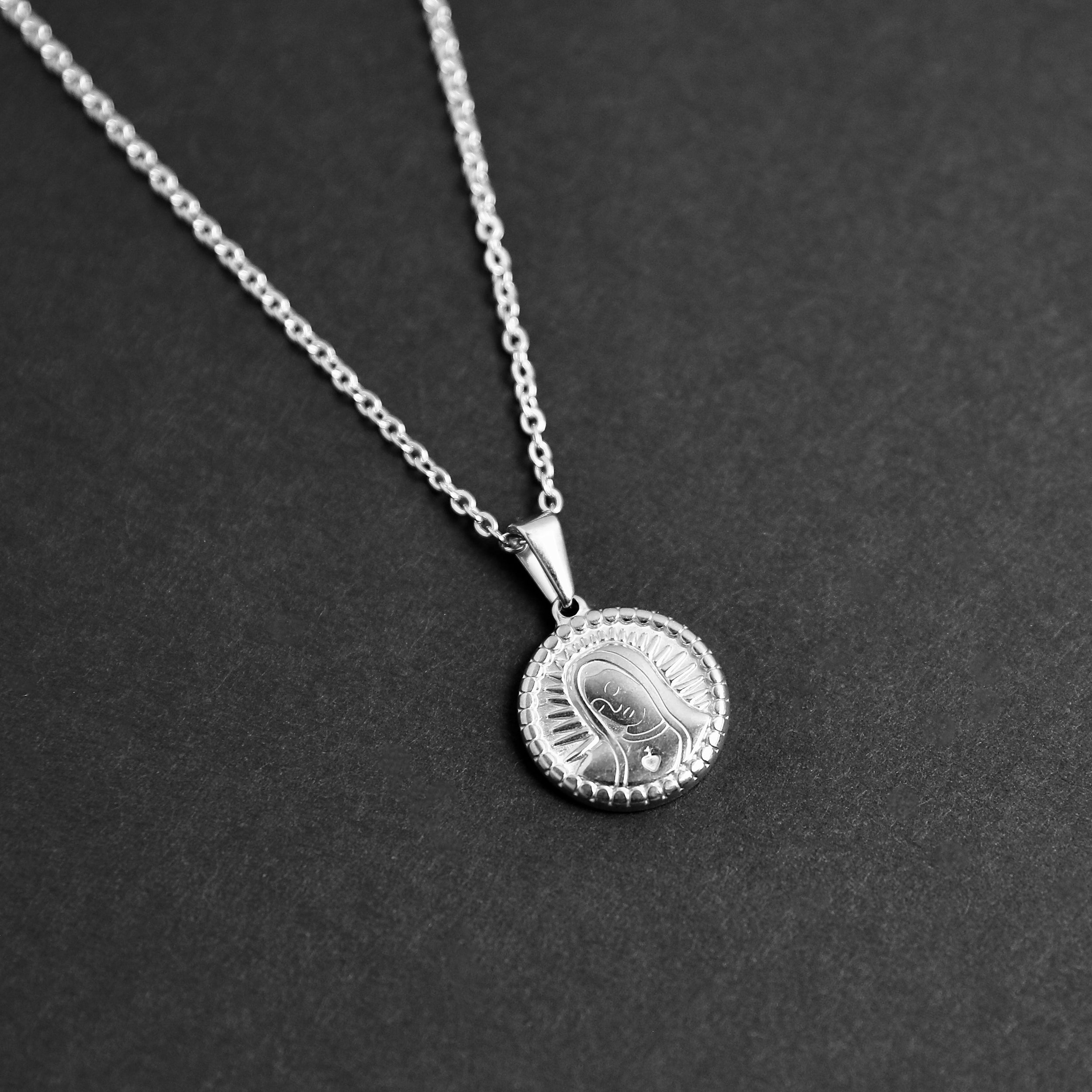 Virgin Mary Disc Necklace - Silver